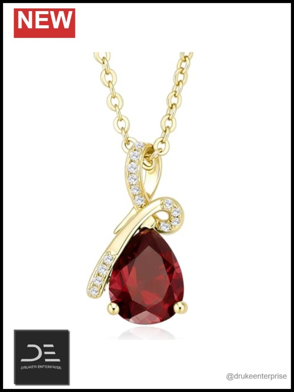 Teardrop Pendant Necklace Garnet Birthstone Women 18in Lobster Clasp Brass